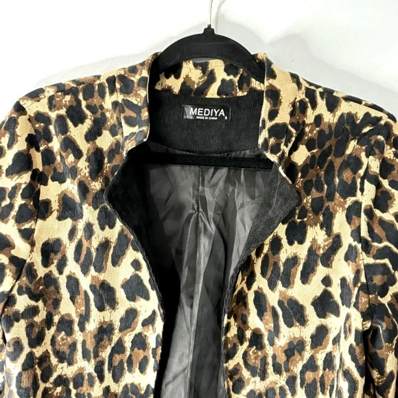 New Leopard Open Front Blazer Lightweight Corduroy Fully Lined Size Small - Picture 4 of 7